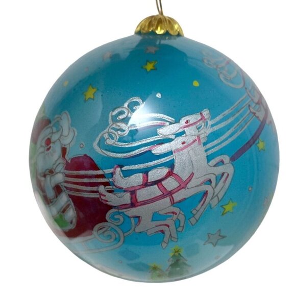 Christmas Ornament Blue Santa with Sleigh Reverse Glass Painted Le Bien Blue - Picture 2 of 11